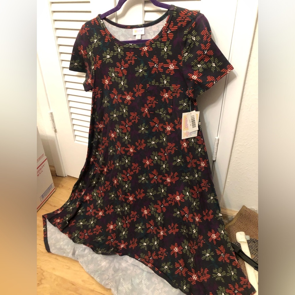 LuLaRoe High Carly Low Dress with Red and Yellow Floral Pattern